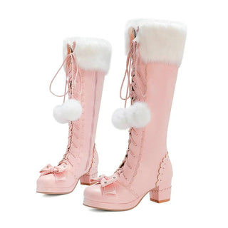 Bottes roses cosplay pour l'hiver, avec fourrure, noeud et pompons