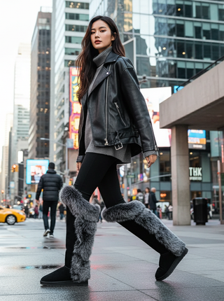 High winter boots in suede and real fox fur