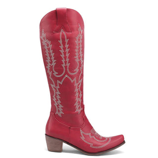 Bottes de cowboy hautes pour femme rouge à talons carrés.