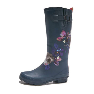 Bottes de pluie pour femme hautes, bleues, à imprimé fleuri.
