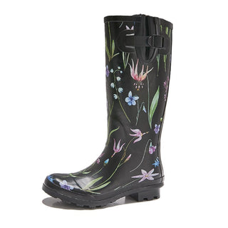 Bottes de pluie pour femme taille haute noire, à imprimé fleuri.