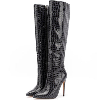 Damen-Lacklederstiefel mit Krokodilprägung