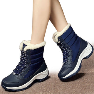 Bottes de neige bleues imperméables pour femme avec doublure en peluche
