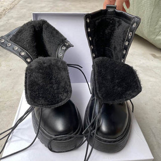 Bottes noires à bout rond de moto pour femme avec fourrure