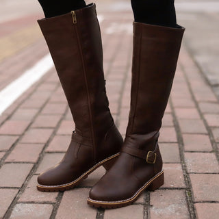 Bottes cuissardes à talons carrés en cuir marron pour femmes