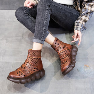 Genuine leather perforated summer boots for women