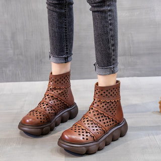 Genuine leather perforated summer boots for women