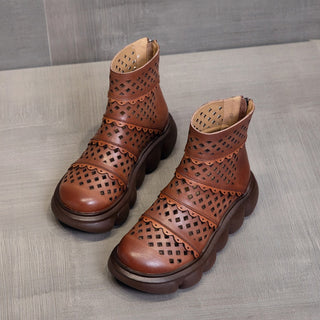 Genuine leather perforated summer boots for women