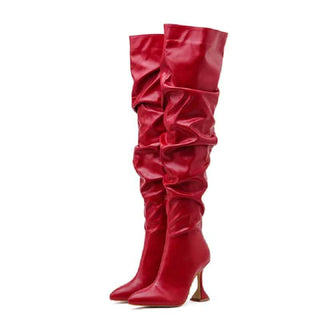 Plisserte knelange støvler med original spolehæl for kvinner