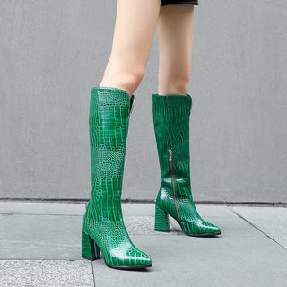 Groene kniehoge laarzen met slangenleereffect