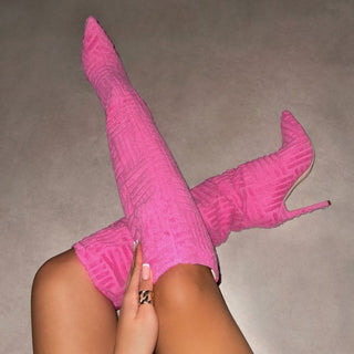 Botas altas de tacón de aguja con punta puntiaguda en textil estampado para mujer