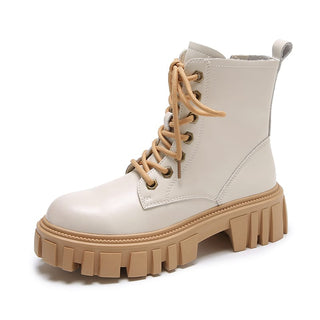 Halvhøye ankelstøvler i skinn med svarte snøringer dame