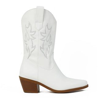 Bottes cow boy femme blanche aux détails cousus blancs et talon marron