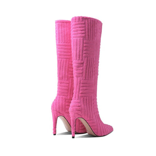 Botas altas de tacón de aguja con punta puntiaguda en textil estampado para mujer