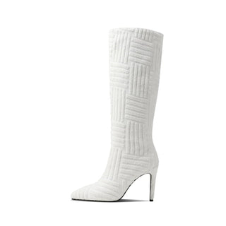 Botas altas de tacón de aguja con punta puntiaguda en textil estampado para mujer