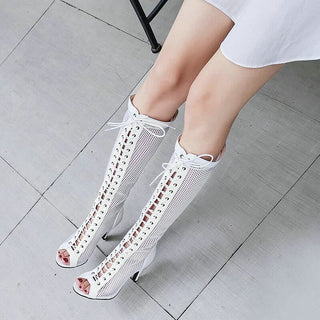 Stivali estivi con tacco alto in rete bianca con lacci