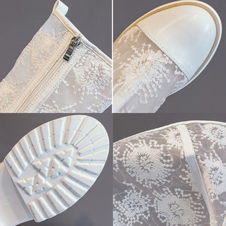 Bílé vysoké letní boty z krajkového úpletu s květinovým vzorem a platformou