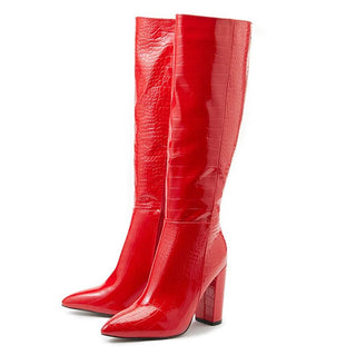 Stivali rossi effetto coccodrillo lucido con tacco alto squadrato