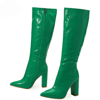 Paire de bottes hautes vertes, de trois-quarts vers la gauche. On voit la face interne avec la fermeture éclair de la botte en arrière-plan, et on voit la face externe de la botte en premier plan. Le tout sur fond blanc.