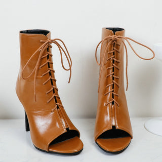 Sandali stivaletti estivi marroni con tacco alto e lacci da donna