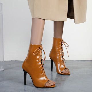 Sandali stivaletti estivi marroni con tacco alto e lacci da donna