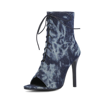 Sandales bottes bleue délavées à talons hauts et lacets pour femme