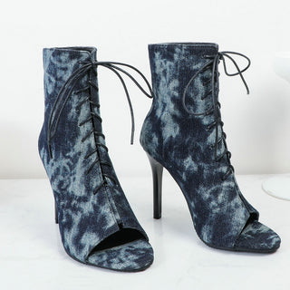 Sandali stivaletti estivi blu lavato con tacco alto e lacci da donna