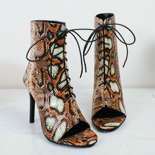 Sandalias botas de verano leopardo con tacones altos y cordones para mujer